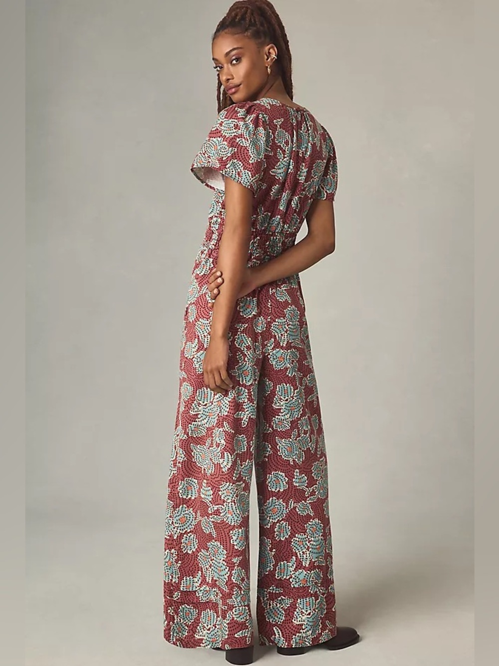Anthropologie Rust Red and Cream Floral Wide-Leg Jumpsuit - Picture 2 of 12